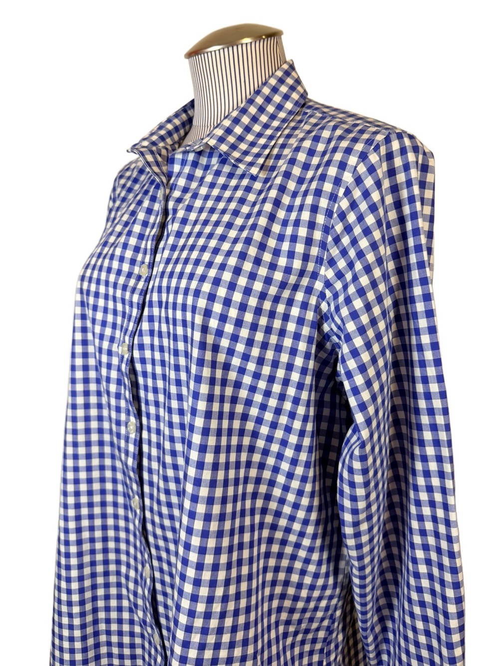 Lands' End No-Iron Supima Cotton Classic Gingham Shirt Blue White EUC Size 14